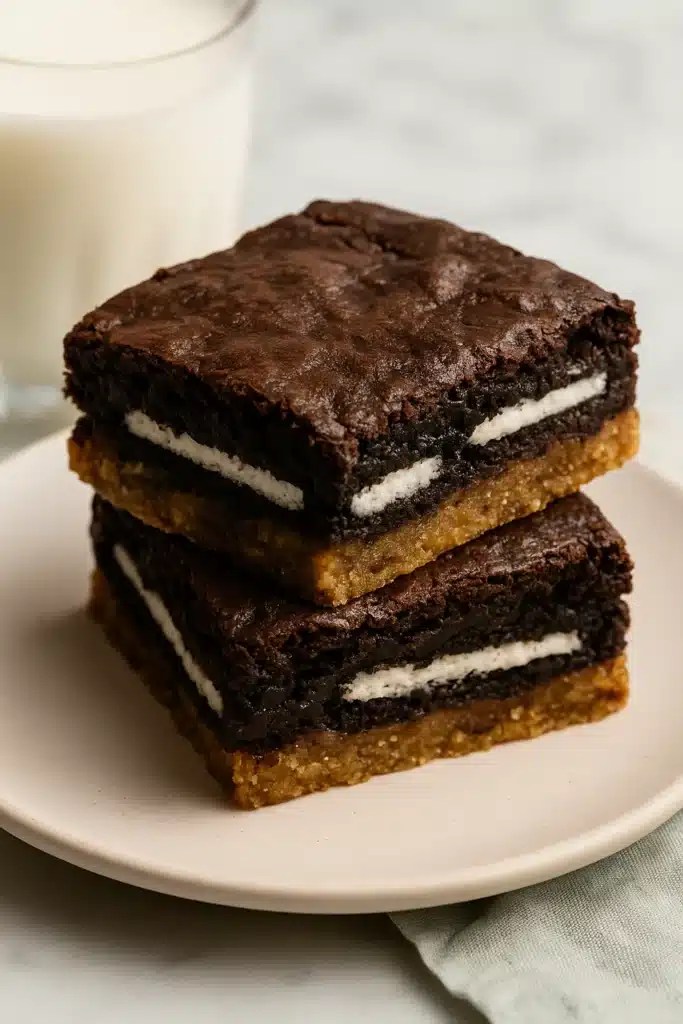Two Slutty Brownies with Oreo layers on a white plate