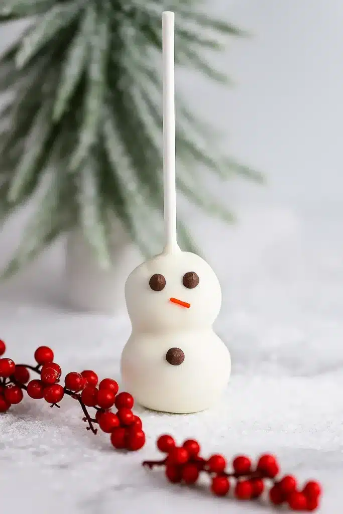 Snowman cake pop with chocolate chip eyes and orange candy nose
