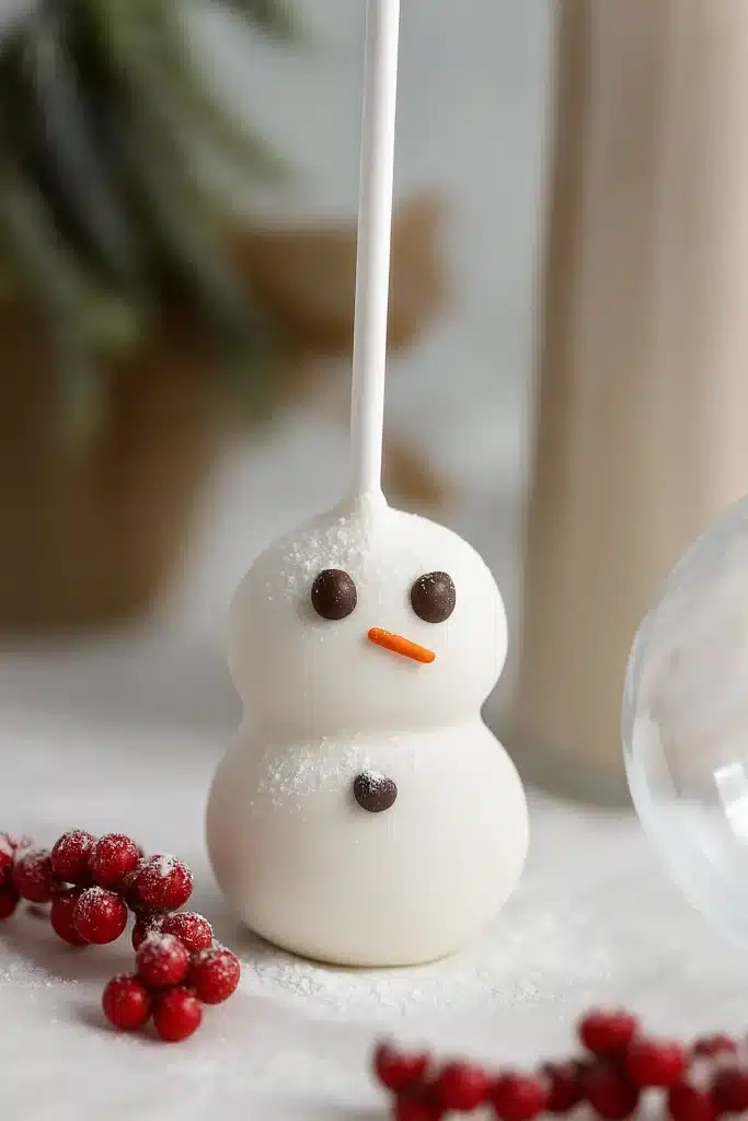 Close-up of snowman cake pop dusted with powdered sugar