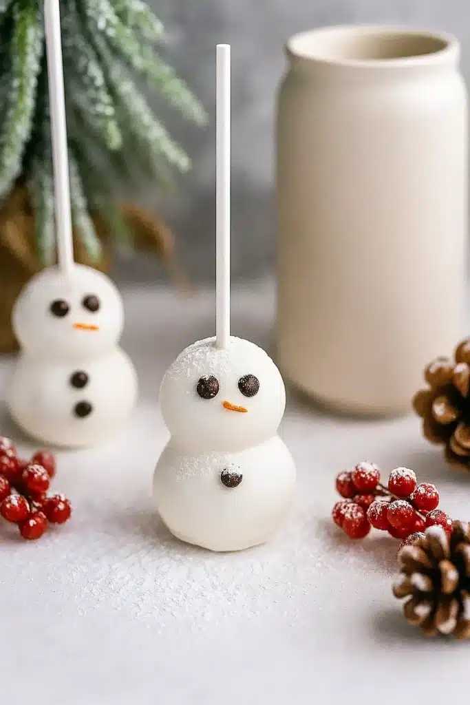 Snowman cake pops with white chocolate coating and red berries on a snowy surface