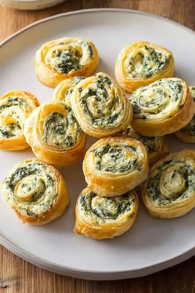 Spinach Dip Recipe | Easy & Delicious Holiday Favorite 7 Golden spinach dip pinwheels on white plate over wooden table