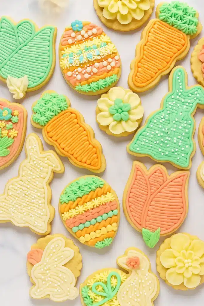 Colorful buttercream sugar cookies shaped like bunnies, carrots, and tulips