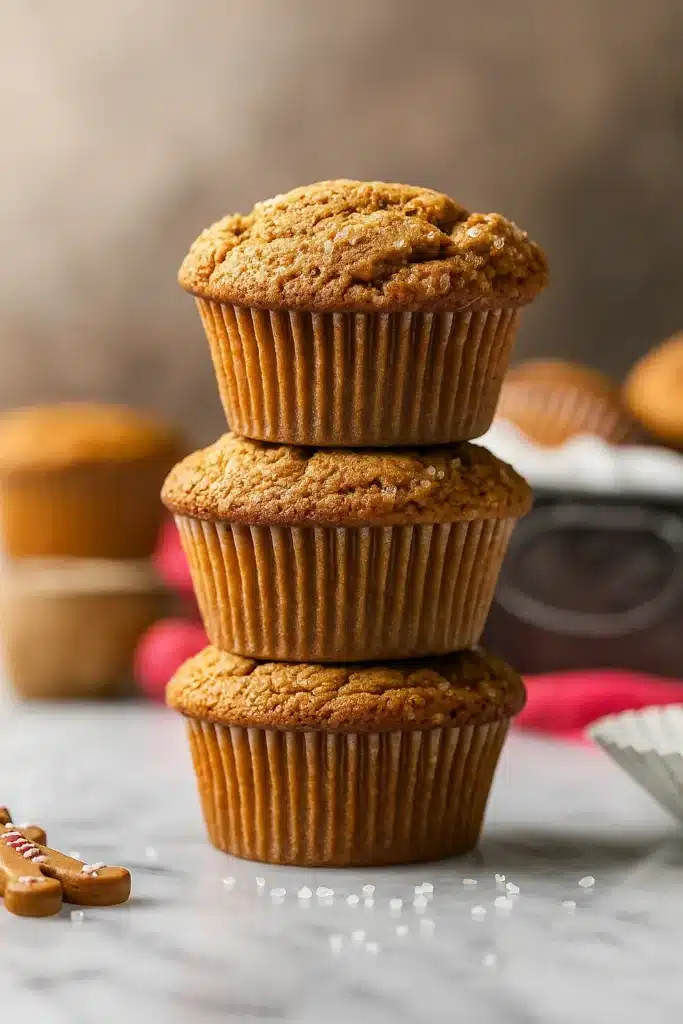 Stack of gingerbread muffins on marble surface with festive background