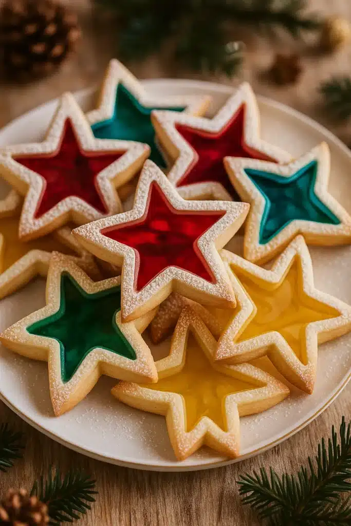 Star-shaped stained glass cookies with colorful candy centers on a plate