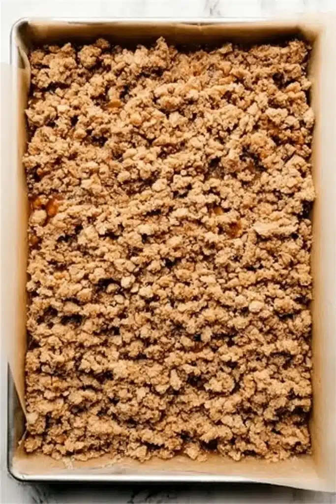 Pumpkin Cheesecake Bars | Amazing Creamy Fall Treat 21 Golden streusel topping spread in a parchment-lined baking pan