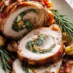 Stuffed pork roast with spinach and bacon filling on white plate with rosemary