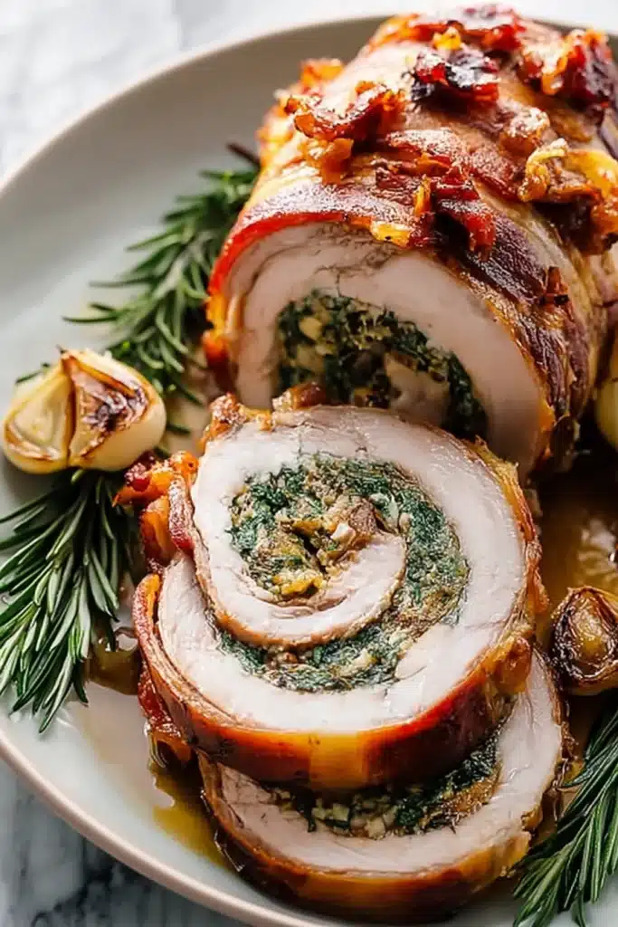 Stuffed Pork Roast Recipe | Festive & Flavorful Dinner 10 Stuffed pork roast with spinach and bacon filling on white plate with rosemary