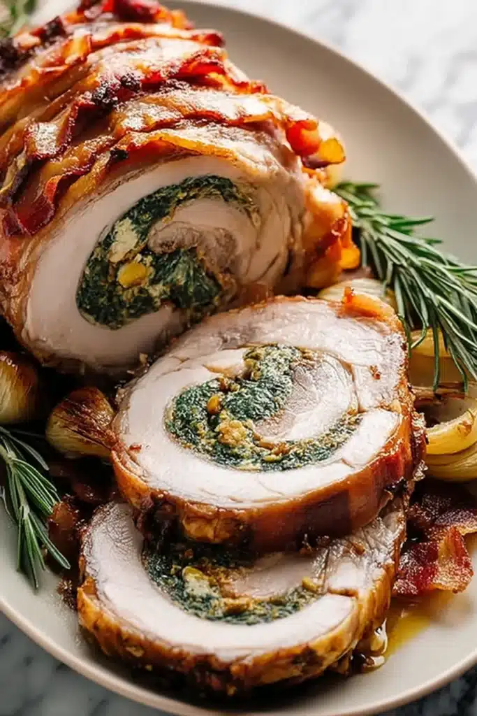 Stuffed Pork Roast Recipe | Festive & Flavorful Dinner 11 Stuffed pork roast with spinach and bacon filling on white plate with rosemary