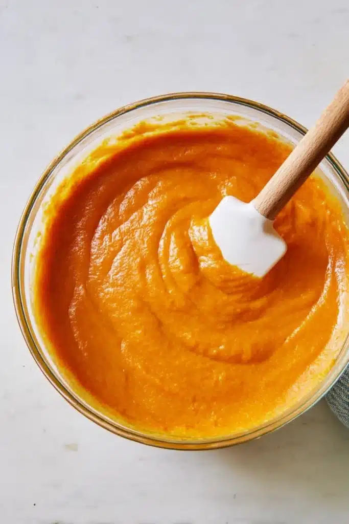 Sweet Potato Pie – Soulful, Creamy & Irresistibly Delicious 17 Smooth sweet potato pie filling in glass bowl with spatula
