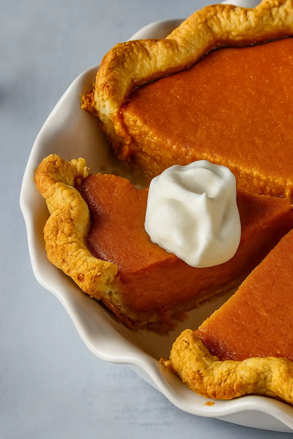 Sweet potato pie slice with whipped cream in white pie dish