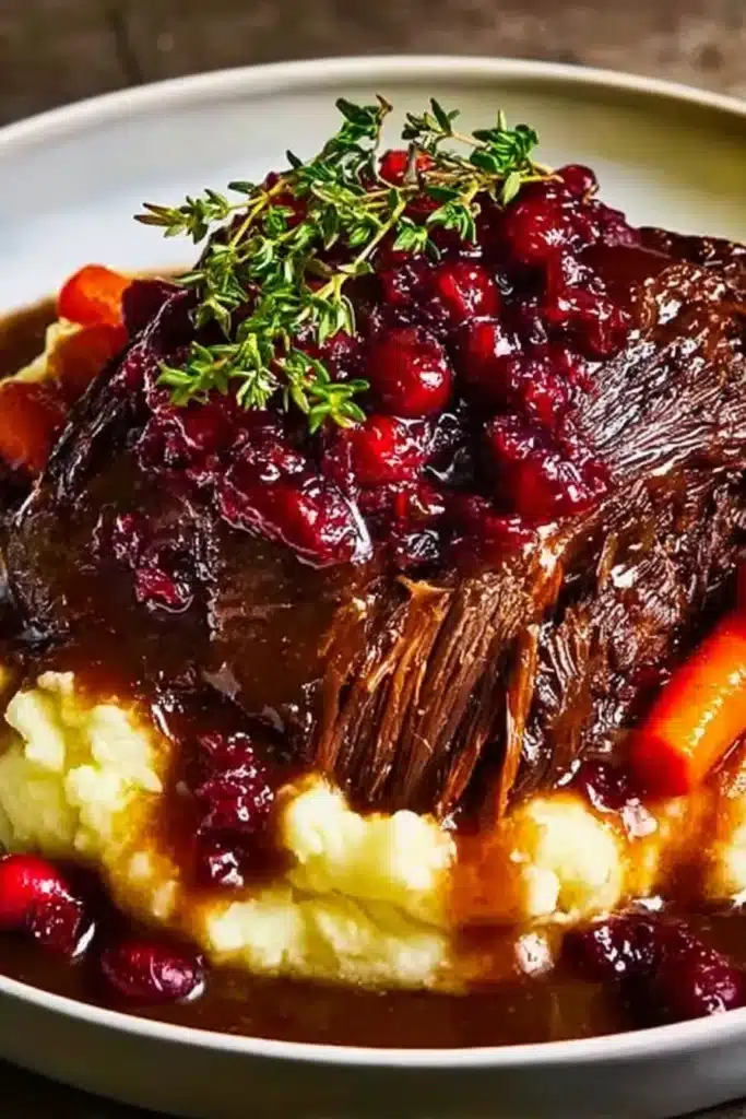 Beef Roast with Cranberry | Rich & Festive Holiday Favorite 10 Beef roast with cranberry glaze on mashed potatoes and carrots