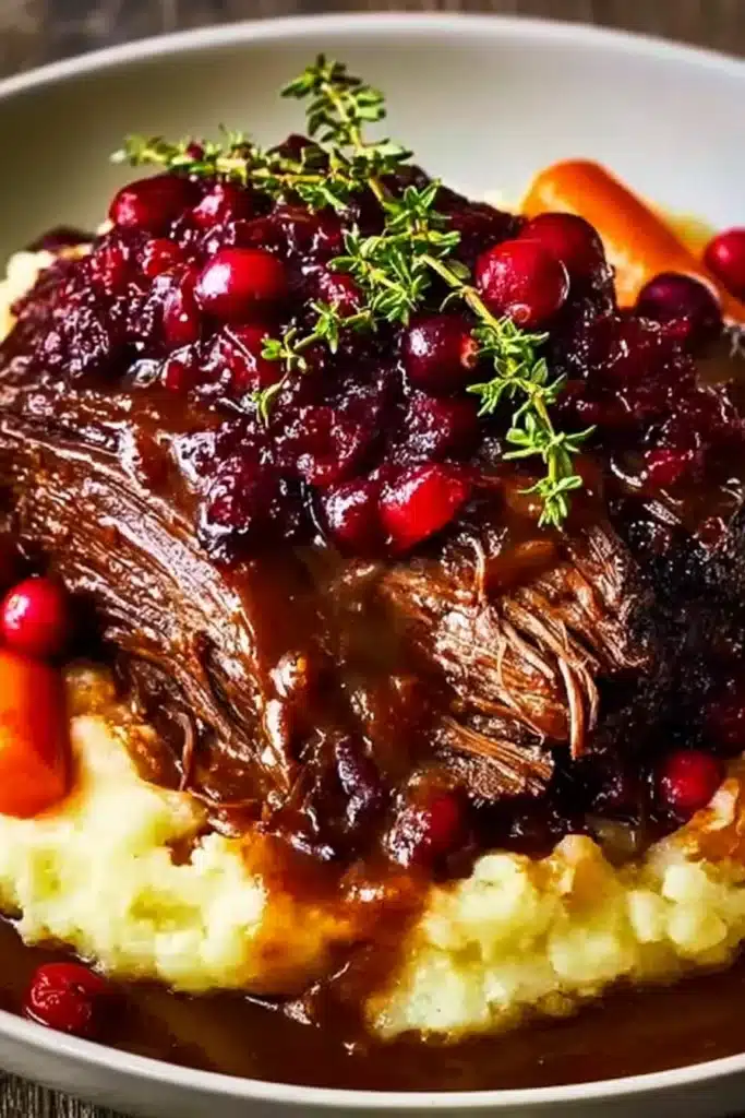 Beef Roast with Cranberry | Rich & Festive Holiday Favorite 8 Beef roast with cranberry glaze on mashed potatoes and carrots