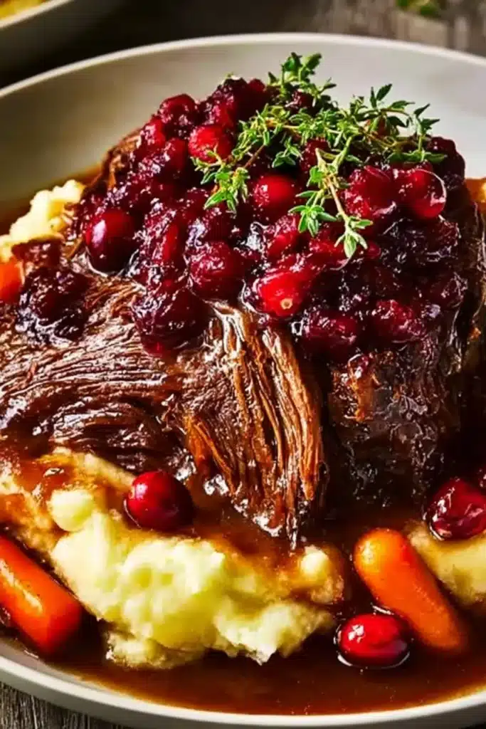 Beef Roast with Cranberry | Rich & Festive Holiday Favorite 12 Beef roast with cranberry glaze on mashed potatoes and carrots