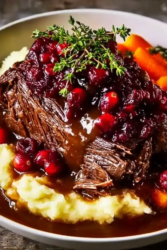 Beef Roast with Cranberry | Rich & Festive Holiday Favorite 9 Beef roast with cranberry glaze on mashed potatoes and carrots