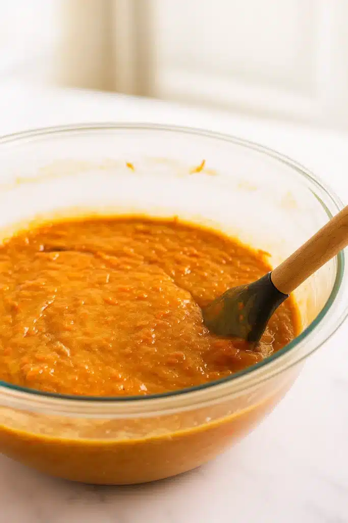 The BEST Carrot Cake Recipe | Irresistibly Moist & Flavorful 26 Final carrot cake batter in a glass bowl with spatula for The BEST Carrot Cake