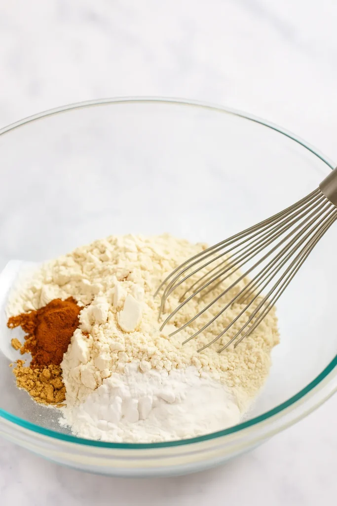 The BEST Carrot Cake Recipe | Irresistibly Moist & Flavorful 23 Dry ingredients for The BEST Carrot Cake in a glass bowl with whisk