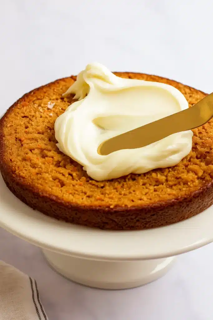 The BEST Carrot Cake Recipe | Irresistibly Moist & Flavorful 29 Spreading cream cheese frosting on The BEST Carrot Cake layer