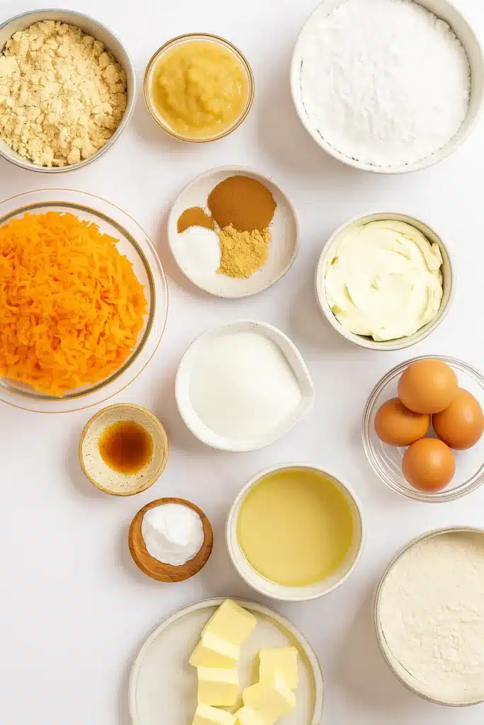 The BEST Carrot Cake Recipe | Irresistibly Moist & Flavorful 22 Ingredients for The BEST Carrot Cake arranged on marble countertop