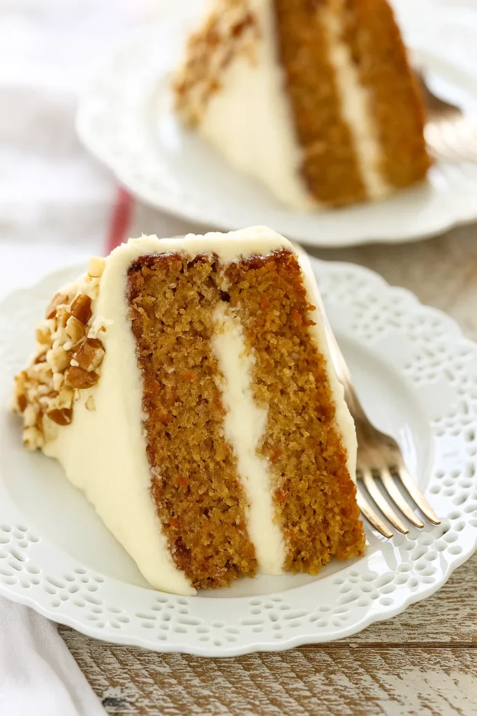 The BEST Carrot Cake slice with cream cheese frosting and chopped nuts on a white plate