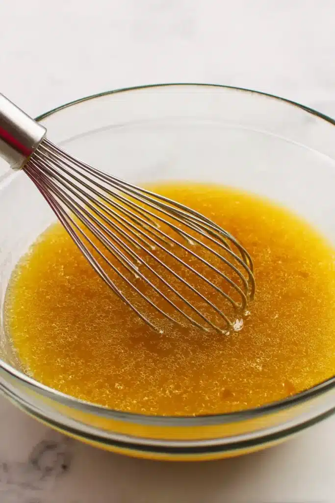 The BEST Carrot Cake Recipe | Irresistibly Moist & Flavorful 24 Wet ingredients for The BEST Carrot Cake in a glass bowl with whisk