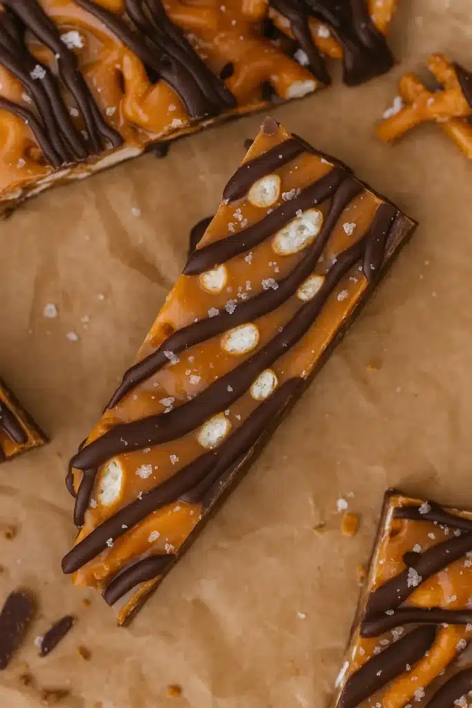 The Best Salted Caramel Pretzel Bark with chocolate drizzle on parchment