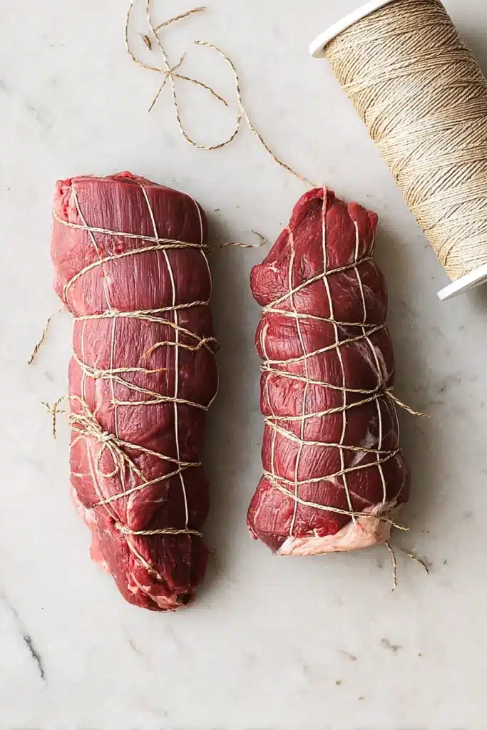 Beef Tenderloin Roast | Simple & Delicious Holiday Feast 12 Raw beef tenderloin tied with kitchen twine on light stone surface