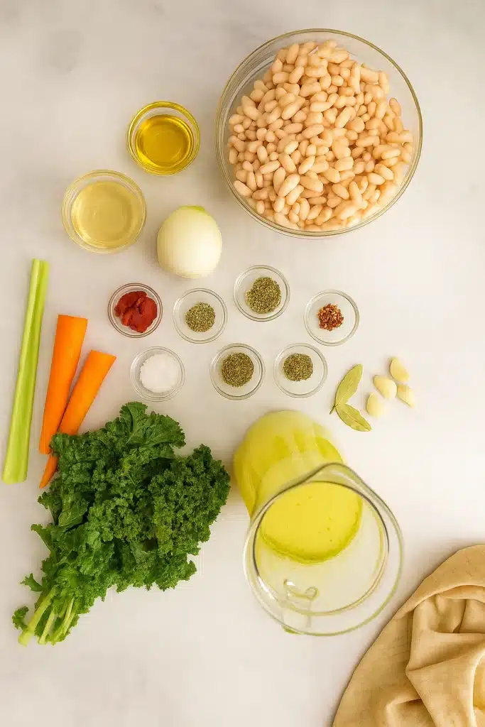 Tuscan White Bean Soup | Hearty & Amazing Comfort 11 Flat lay of Tuscan white bean soup ingredients on a marble surface