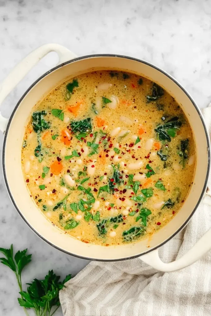 Tuscan White Bean Soup | Hearty & Amazing Comfort 14 Creamy Tuscan white bean soup in a Dutch oven with kale and carrots