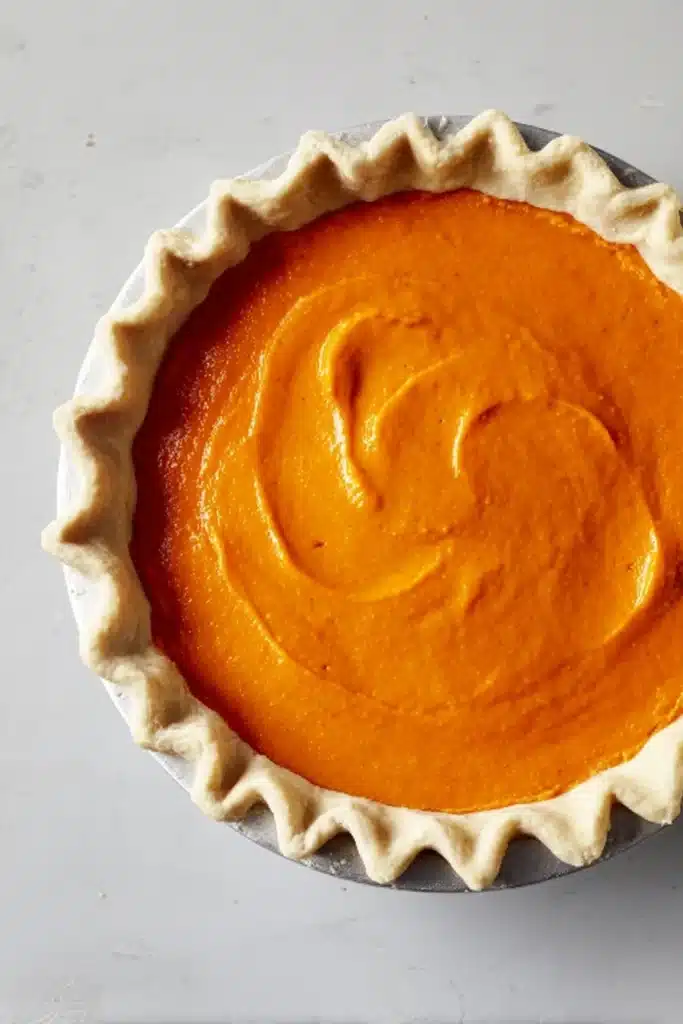 Sweet Potato Pie – Soulful, Creamy & Irresistibly Delicious 18 Unbaked sweet potato pie with smooth orange filling in crust