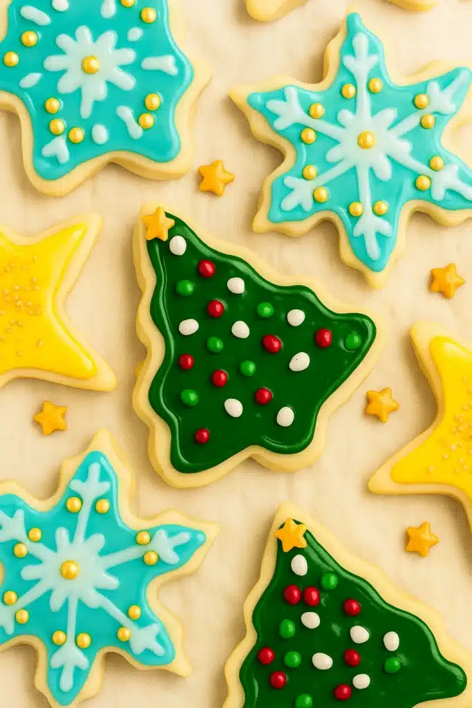 Vegan sugar cookies decorated with colorful holiday icing