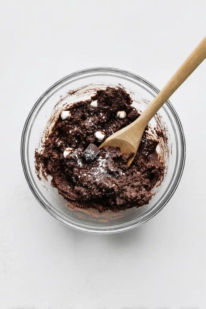 Vegan hot chocolate cookie dough with marshmallows in a glass bowl on white gray table