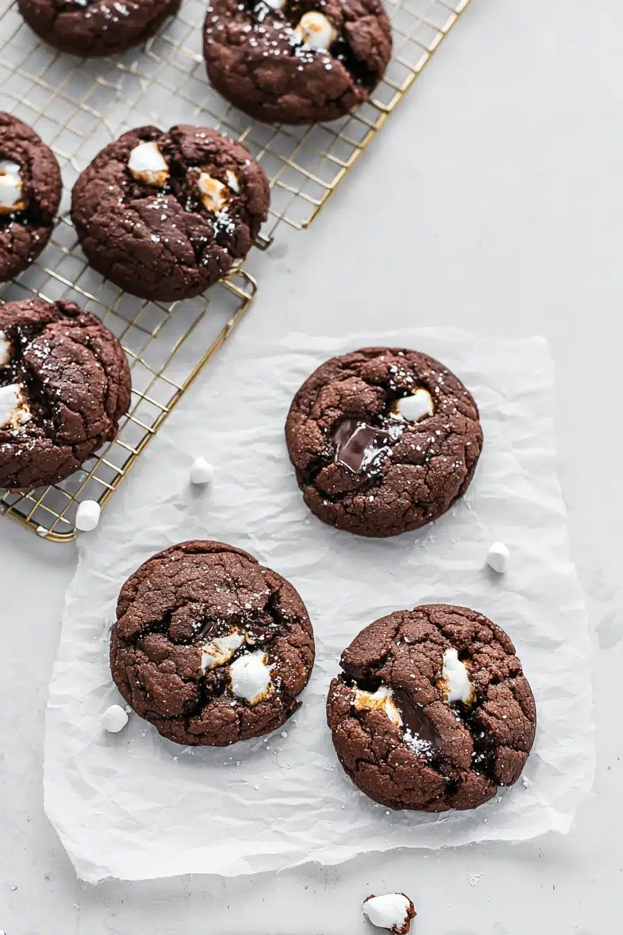 Vegan hot chocolate cookies with melted marshmallows on a cooling rack