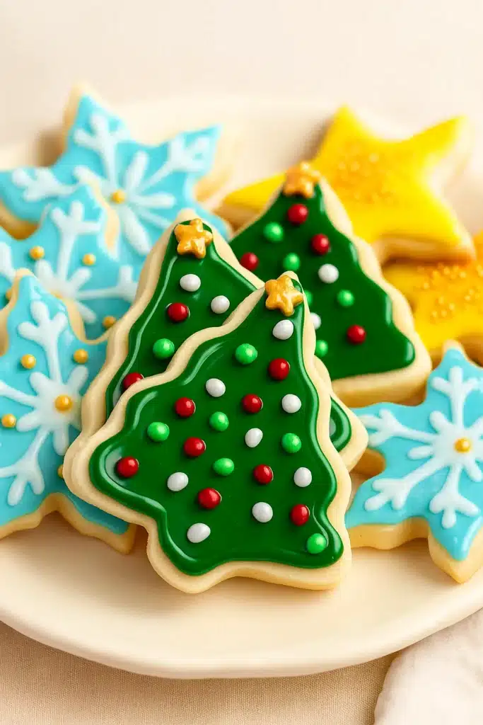 Vegan sugar cookies decorated with glossy icing shaped like trees, stars, and snowflakes.
