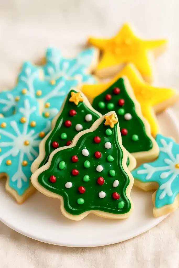 Vegan sugar cookies decorated with glossy icing shaped like trees, stars, and snowflakes.