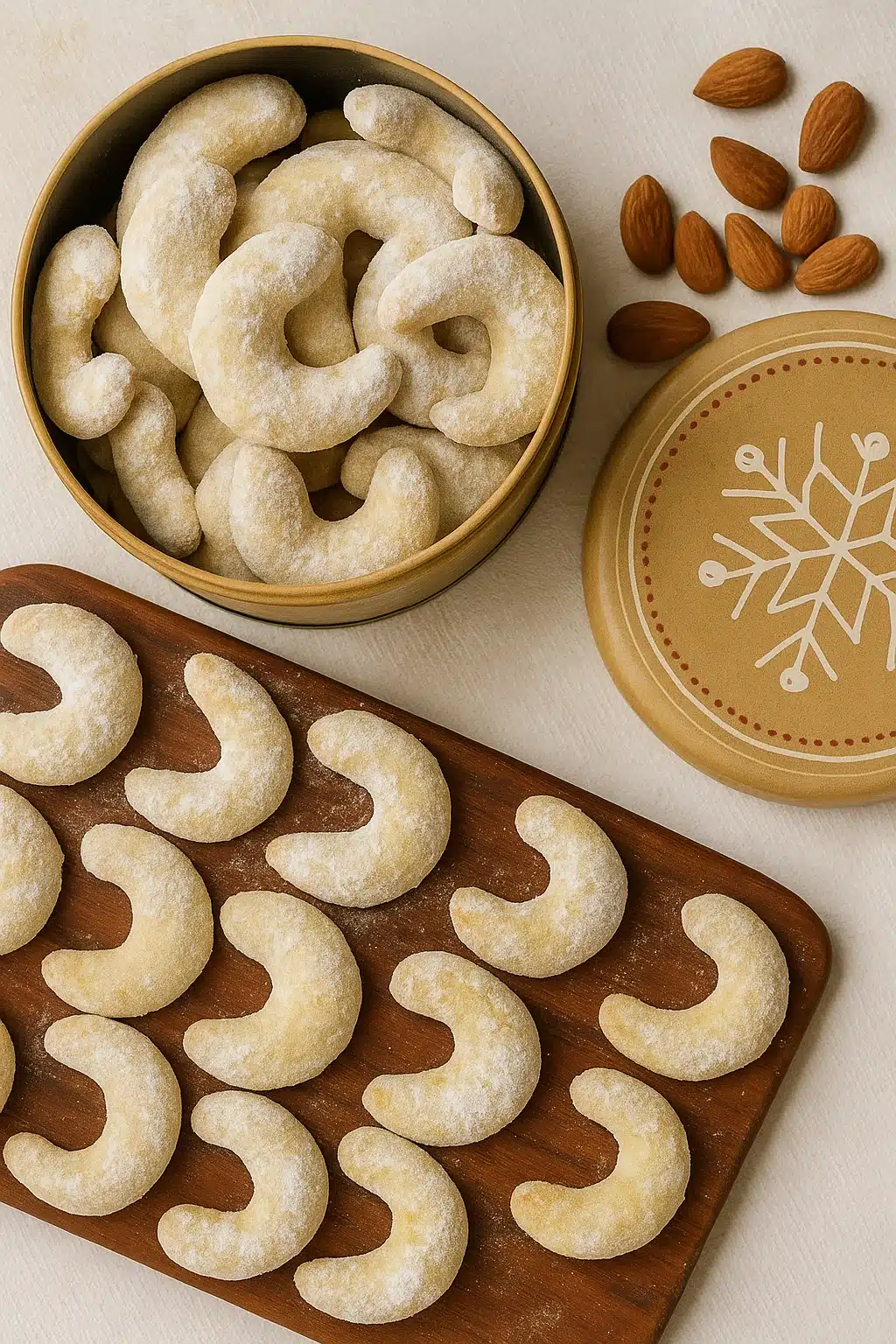 Vegan Vanillekipferl crescent cookies dusted with powdered sugar on a wooden board