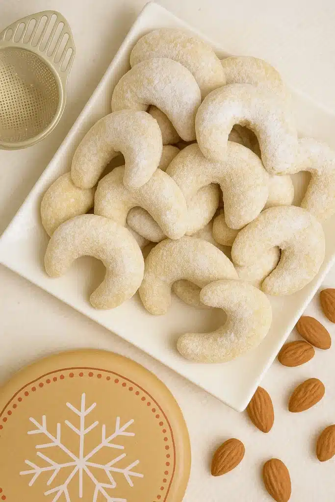 Vegan Vanillekipferl Crescent Cookies | Austrian Christmas 10 Vegan Vanillekipferl crescent cookies dusted with powdered sugar on white plate