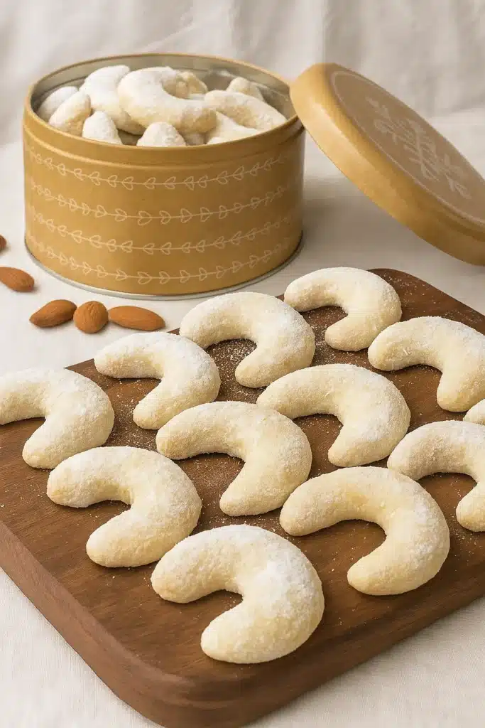 Vegan Vanillekipferl Crescent Cookies | Austrian Christmas 8 Vegan Vanillekipferl crescent cookies on wooden board with cookie tin