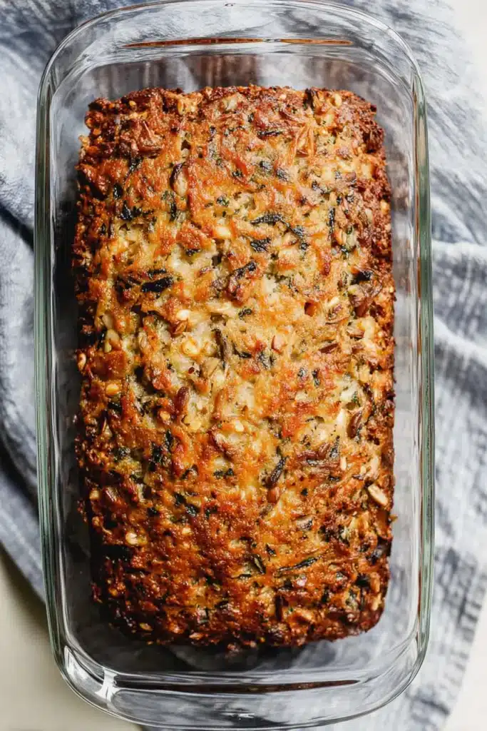 Vegetarian Meatloaf Recipe | Simple, Flavorful & Festive 10 Golden-brown vegetarian meatloaf with crispy top in glass baking dish