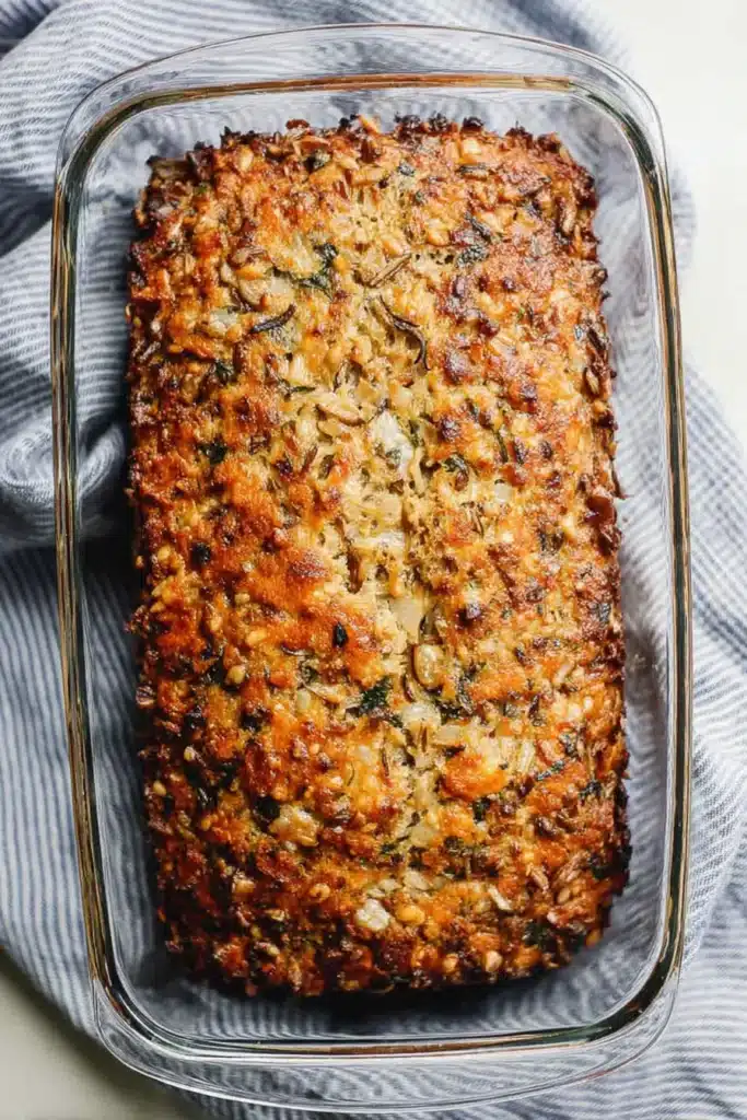 Vegetarian Meatloaf Recipe | Simple, Flavorful & Festive 8 Golden-brown vegetarian meatloaf with crispy top in glass baking dish