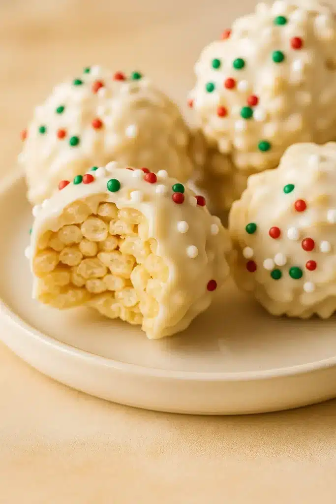 Rice crispy treat ball with white chocolate and holiday sprinkles cut open
