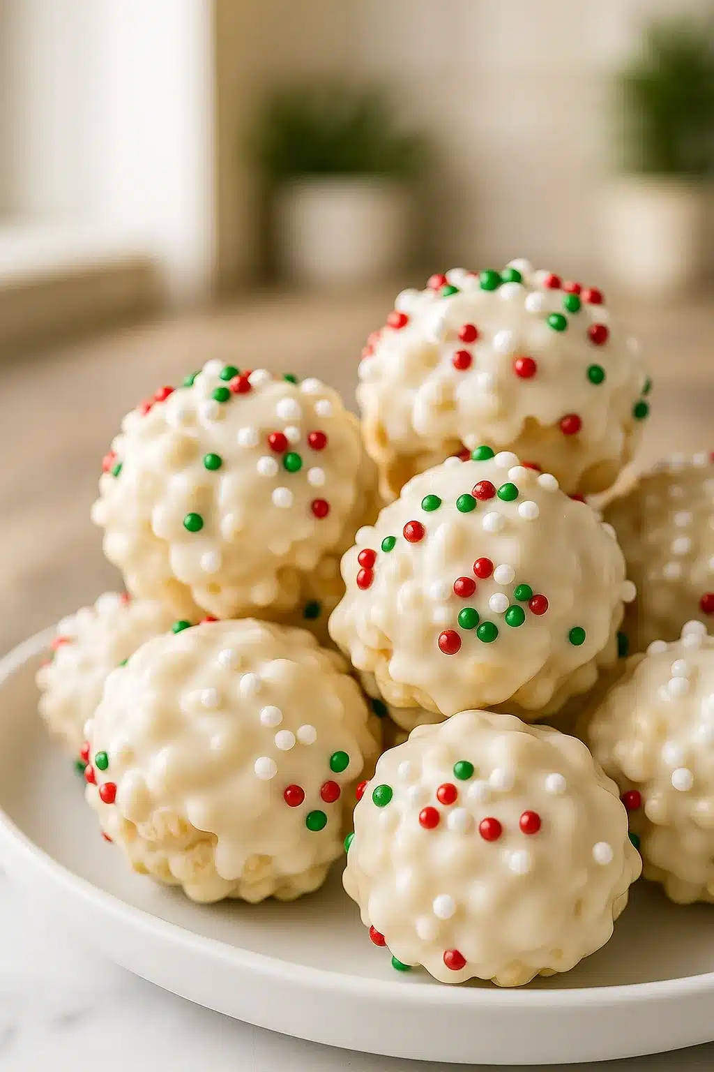 Rice Crispy Treats coated in white chocolate and topped with red and green sprinkles