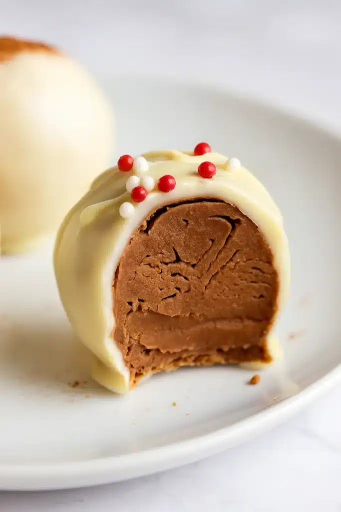 White chocolate truffle with a creamy chocolate center, decorated with red and white sprinkles.