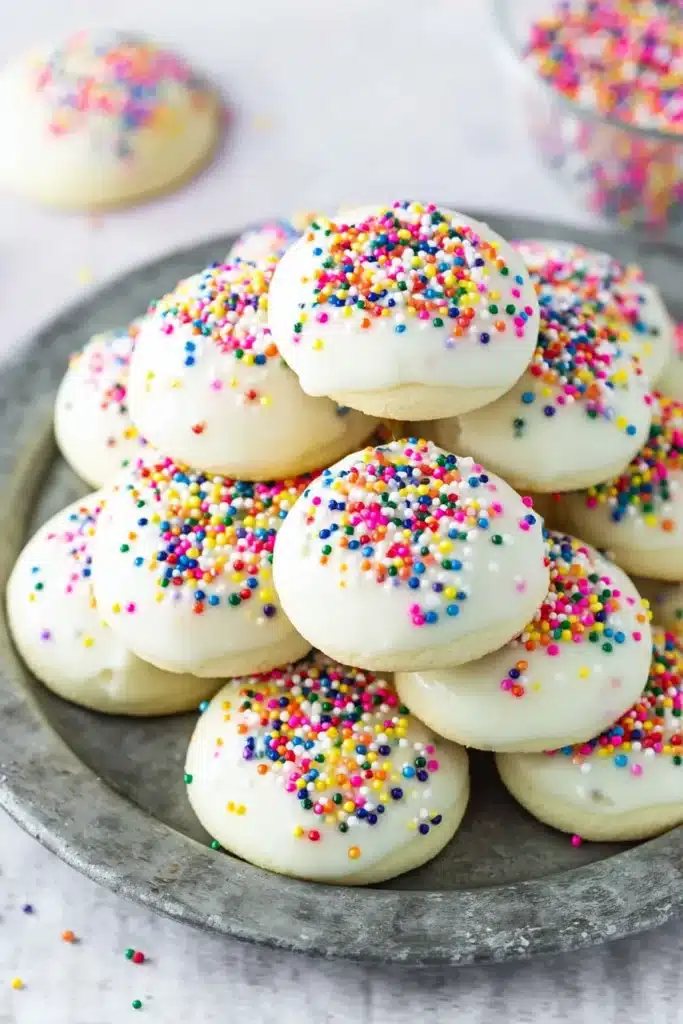 Easy Homemade Anise Cookies | Perfect Christmas Treats 7 White iced cookies with colorful sprinkles on a metallic tray, close-up.