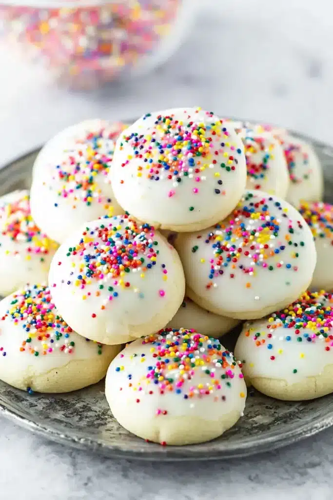 Easy Homemade Anise Cookies | Perfect Christmas Treats 10 White iced cookies with colorful sprinkles on a metallic tray, close-up.