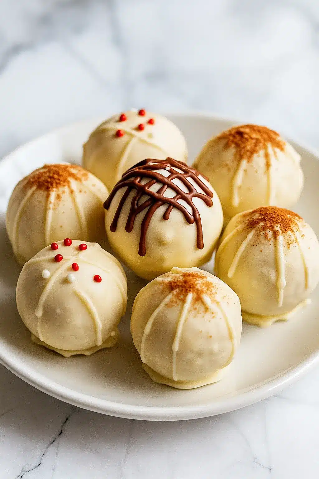 Gingerbread Truffles with white chocolate drizzle and festive sprinkles on a marble plate.