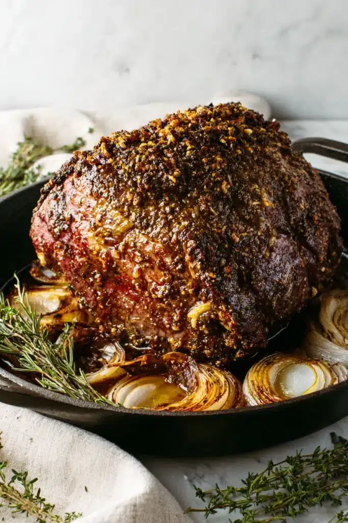 Christmas Prime Rib | Ultimate Juicy & Foolproof Recipe 13 Whole roasted Christmas prime rib with garlic herb crust in skillet
