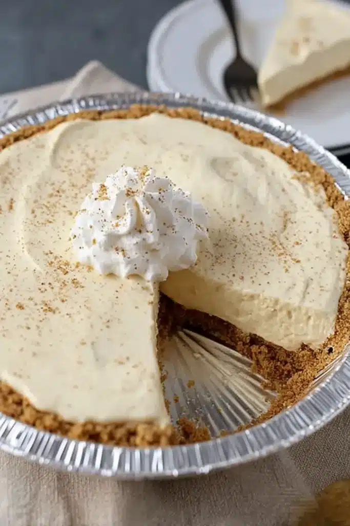 Eggnog Pie Recipe | Creamy, Easy & Irresistible Christmas Dessert 15 Whole eggnog pie in foil tin with whipped cream and nutmeg topping