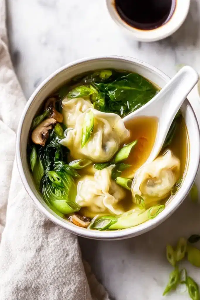 Warm bowl of wonton soup with bok choy, mushrooms, and scallions in golden broth