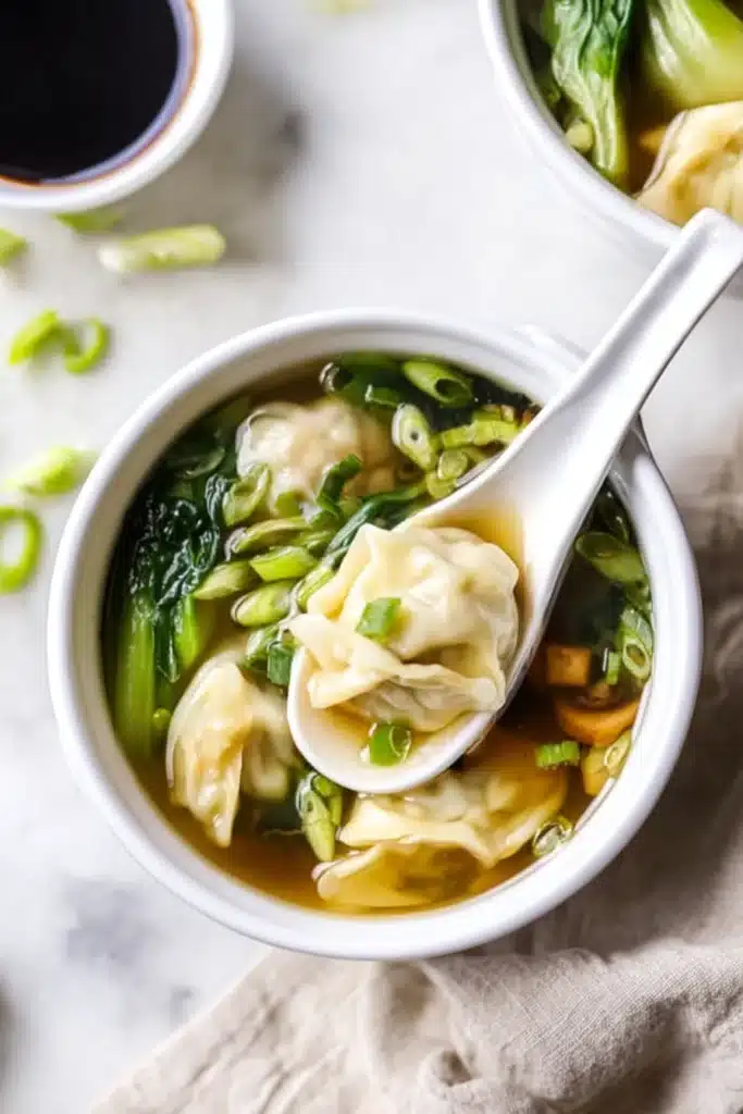 Wonton Soup Recipe with Quick Flavor and Comfort 5 Bowl of wonton soup with spoon, bok choy, mushrooms, and scallions