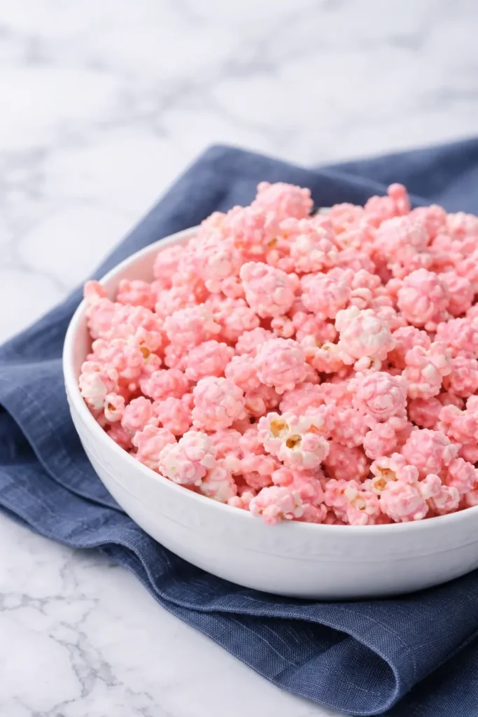 Pink Popcorn: Valentine’s Day Colored Popcorn Treat 5 Pink popcorn in a white bowl on soft linen background